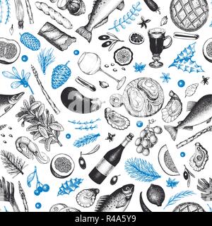 Dîner de Noël motif transparent. Vector illustrations faites à la main. Dîner de Noël vintage. Arrière-plan avec la récolte, légumes, pâtisserie Illustration de Vecteur