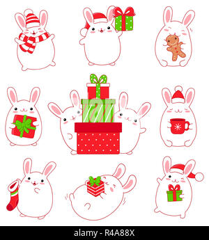 Joyeux Noël. Jeu de cute kawaii lapin dans le style. Drôle, heureux, rire, courir, avec des cadeaux de Noël, avec une tasse de thé, dans un chapeau de Père Noël, au gingembre Banque D'Images