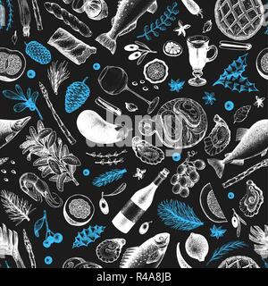 Dîner de Noël motif transparent. Vector hand drawn illustrations sur tableau. Dîner de Noël vintage. Arrière-plan avec la récolte, veg Illustration de Vecteur