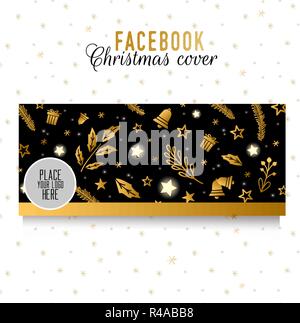 Noël Facebook gabarit de protection. Éléments d'or sur fond noir. Design de style Illustration de Vecteur