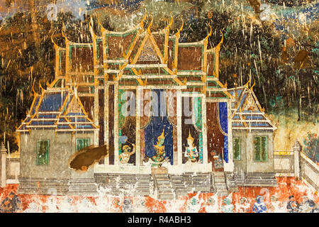 Reamker (l'épique Ramayana Khmer) fresco ayant besoin de restauration, dans le cloître du Palais Royal. Palais Royal, Phnom Penh, Cambodge Banque D'Images