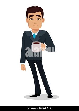 L'homme d'affaires personnage en costume officiel. Fatigué handsome businessman est titulaire d'une tasse de café. Gestionnaire, banquier. Vector illustration Illustration de Vecteur