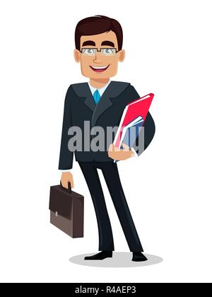 L'homme d'affaires personnage en costume officiel. Handsome businessman détient porte-documents et documents. Gestionnaire, banquier. Vector illustration Illustration de Vecteur