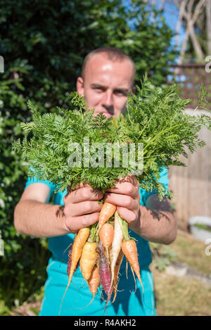 Un jeune homme de l'Australie blanche 21 ans holding up home grown légumes anciens carottes dans une arrière cour jardin Banque D'Images