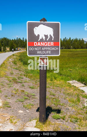 Danger Ne pas appoach,bison de la faune à proximité de pôle signe par une passerelle. Banque D'Images