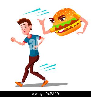 Peur Teen Guy Runing loin de Hamburger vecteur. Cartoon illustration isolé Illustration de Vecteur