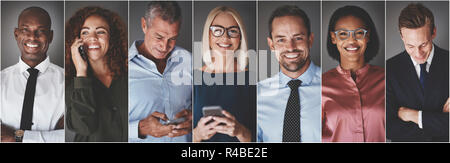 Collage d'un groupe d'affaires diversifié tout en souriant à la messagerie texte ou de parler sur leur téléphone cellulaire Banque D'Images