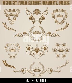 Ensemble d'éléments floraux avec monogrammes d'or pour la page, web design. Royal en filigrane les boucliers, vieilles charpentes, les frontières de style vintage pour l'étiquette, de l'emblème, bad Illustration de Vecteur
