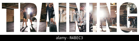 Collage de monter deux jeunes dans l'élaboration de vêtements avec différents équipements de gym avec un fond de la formation word Banque D'Images