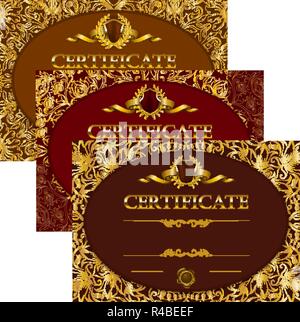 Ensemble de modèles élégants de diplôme avec décoration de dentelle, ruban, cachet de cire, bouclier, couronne de laurier, place pour le texte. Certificat de mérite, educ Illustration de Vecteur