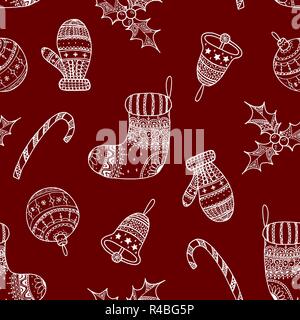 Vector d'un Noël blanc motif transparent symboles décoratifs sur fond rouge - Candy Cane, tree ball, mitten, sock, Holly, noël bell. Christma Illustration de Vecteur