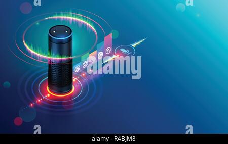 Smart Speaker reconnaissances des commandes vocales et contrôle les équipements de smart home. L'assistant vocal personnel connecté à l'internet des objets dit de st Illustration de Vecteur