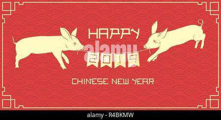 Deux petits cochons holding flags garland sur le pattern des dragon. Joyeux Nouvel An chinois 2019 vector illustration. Illustration de Vecteur