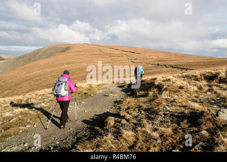 Les marcheurs se dirigeant vers le sommet de la rue haute de Crag Thornthwaite, Lake District, Cumbria, Royaume-Uni Banque D'Images