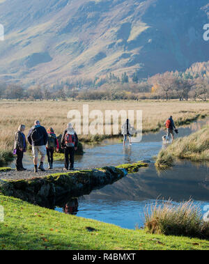 Groupe de randonneurs pagayer à travers un sentier inondé dans le Lake District Angleterre Royaume-uni. Banque D'Images