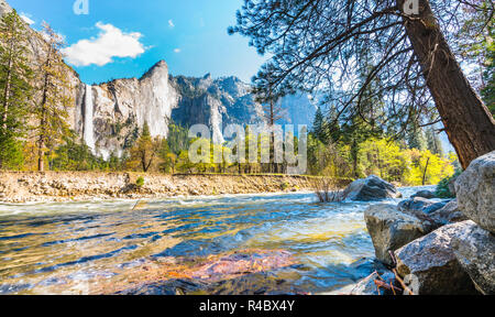 Le parc national Yosemite fall river avec en premier plan,California,USA. Banque D'Images