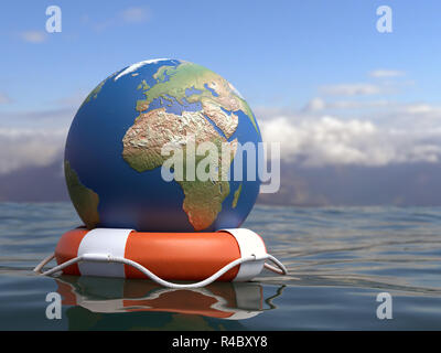 3D render of Globe sur l'orange bouée flottant sur le réchauffement de la surface de la mer concept sensibilisation Banque D'Images