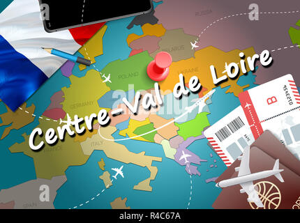 Center-Val ville de Loire Voyages et tourisme concept de destination. La France d'un drapeau et d'Center-Val ville de Loire sur la carte. France travel concept map background Banque D'Images