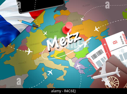 Metz ville Voyages et tourisme concept de destination. Drapeau de la France et de la ville de Metz sur la carte. France travel concept map background. Billets d'avions et vols t Banque D'Images