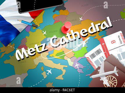 Cathédrale de Metz ville Voyages et tourisme concept de destination. Drapeau de la France et de la Cathédrale de Metz ville sur la carte. France travel concept map background. Billets Banque D'Images