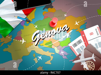 Genova city Voyages et tourisme concept de destination. Italie drapeau et Genova city sur la carte. Italie travel concept map background. Vols et billets d'avions Banque D'Images
