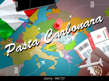 Les pâtes à la Carbonara ville Voyages et tourisme concept de destination. Drapeau de l'Italie et les pâtes Carbonara ville sur la carte. Italie travel concept map background. Billets Banque D'Images