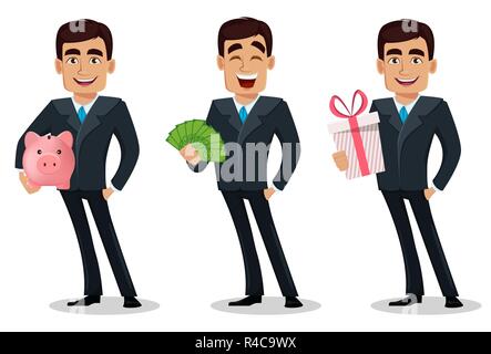 L'homme d'affaires personnage en costume officiel, ensemble de trois poses. Handsome businessman détient tirelire, détient l'argent détient et boîte-cadeau. Manager, ban Illustration de Vecteur