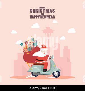 Le Père Noël avec un sac-cadeau de la trottinette dans la grande ville. Vector illustration Illustration de Vecteur