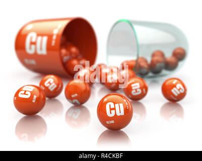 Capsule et l'élément cuivre CU de suppléments alimentaires. Vitamines. 3d illustration Banque D'Images