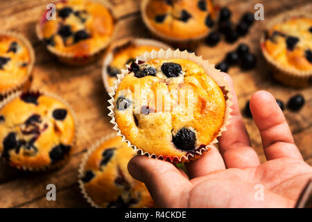 Hand holding muffins aux petits fruits première personne Banque D'Images