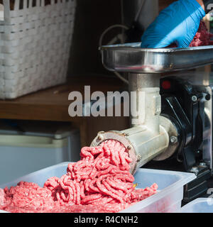 Le bac de la viande hachée, hachoir à viande, boucherie la main. Banque D'Images