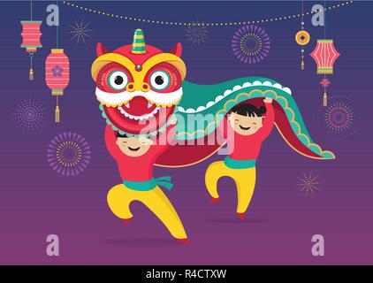 Contexte du Nouvel An chinois, cartes de vœux avec une danse du lion, dragon rouge, personnage Illustration de Vecteur