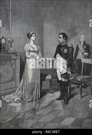 Rencontre entre Napoléon Bonaparte et de la reine Louise de Prusse, Tilsit. 6 juillet 1807. Gravure, 19ème siècle. Banque D'Images