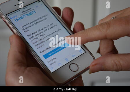 Scam email prétendant provenir de Paypal, demandant à destinataire pour connecter maintenant, il apparaît sur le téléphone mobile avec le doigt sur l'écran tactile. Banque D'Images
