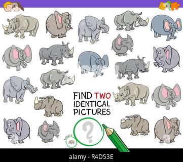 Cartoon Illustration de trouver deux images identiques jeu éducatif pour enfants avec les éléphants et rhinocéros caractères Illustration de Vecteur