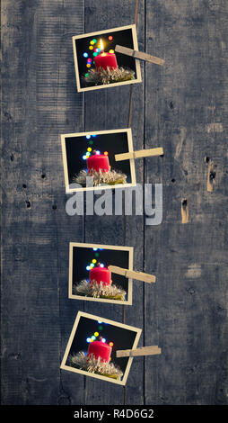 Quatre vieux cadres à photo avec l'avènement des bougies sur un mur en bois rustique Banque D'Images