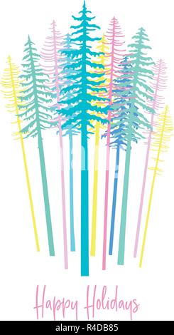 Carte de Noël moderne de couleur pastel avec des forêts de sapins, vector illustration Illustration de Vecteur