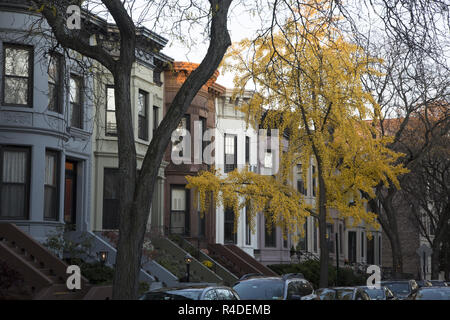 Une journée d'automne sur une rue résidentielle classique brownstone dans Park Slope, Brooklyn, New York. Banque D'Images