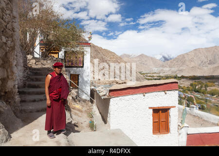 Moine bouddhiste au Chemrey Gompa, le Ladakh, le Jammu-et-Cachemire, l'Inde Banque D'Images