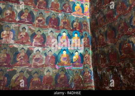 Colorful peinture murale représentant Bouddha, Chemrey Gompa du Ladakh, le Jammu-et-Cachemire, l'Inde Banque D'Images