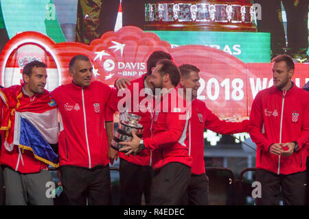 Zagreb, Croatie. 26Th Nov 2018. L'équipe de tennis croate après avoir remporté la Coupe Davis en 2018 à Lille, France, sur Bienvenue accueil célébration sur la place Ban Jelacic à Zagreb, Croatie. Crédit : Ivan Smuk/Alamy Live News Banque D'Images