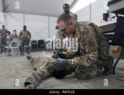 Msg. Kevin Hoover, un officier du rang de la logistique avec le 316e Corps expéditionnaire (Commande de soutien), une unité de réserve de Pittsburgh, Pa., donne le Sgt. 1re classe Anthony argile, une buanderie et de bain spécialiste à la 316e ESC, un pharynx nasal au cours d'un combat aérien Gareautrain Cours donné à Fort Hood, TX., 25 octobre 2016. Banque D'Images