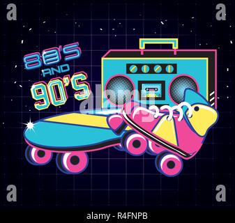 Skateboard avec des icônes des années 80 et 90 retro vector illustration design Illustration de Vecteur