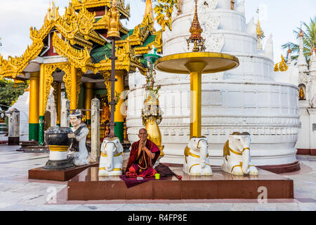 YANGON, MYANMAR - 16 décembre 2016 : prier les moines de la pagode Shwedagon à Yangon (Rangoon) au Myanmar (Birmanie) Banque D'Images