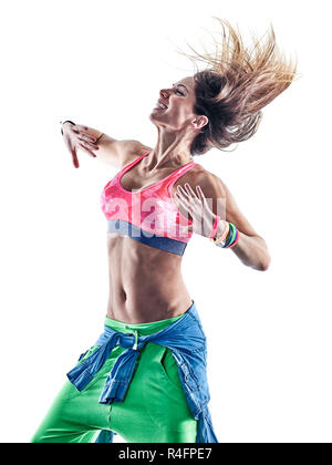 Une femme caucasienne danseurs zumba fitness danse exercice exercices en studio isolé sur fond blanc Banque D'Images