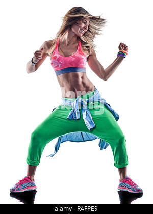 Une femme caucasienne danseurs zumba fitness danse exercice exercices en studio isolé sur fond blanc Banque D'Images