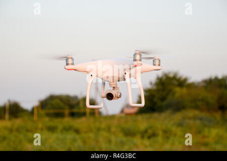 Le drone, planant dans l'air contre la cime des arbres Banque D'Images