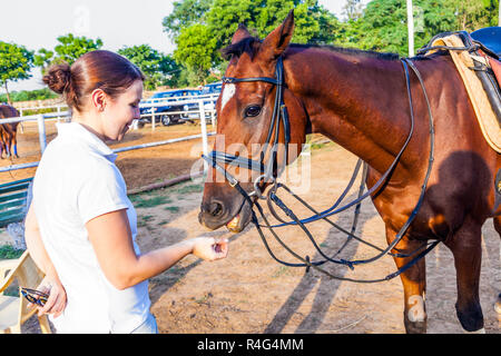 Rider femme serrant avec son cheval Banque D'Images