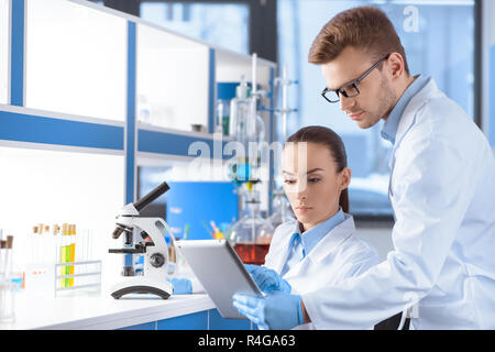 Portrait de chercheurs concentrés using digital tablet pour analyse en laboratoire Banque D'Images