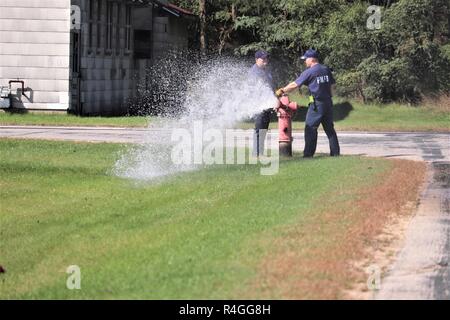 Les pompiers avec la Direction des services d'urgence Pompiers rincer un incendie sur la zone de cantonnement, le 26 septembre 2018, à Fort McCoy, Wisconsin Le poteau le rinçage est complété chaque année par le personnel pour s'assurer que tous les poteaux incendie fonctionnent correctement et pour vérifier la pression dans le système. Plusieurs pompiers a terminé le travail. Banque D'Images